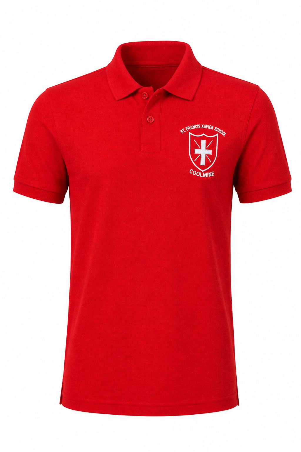 A red short-sleeve polo shirt with a white embroidered school crest on the left chest reading 'St. Francis Xavier College, Coimbur' on a plain white background.