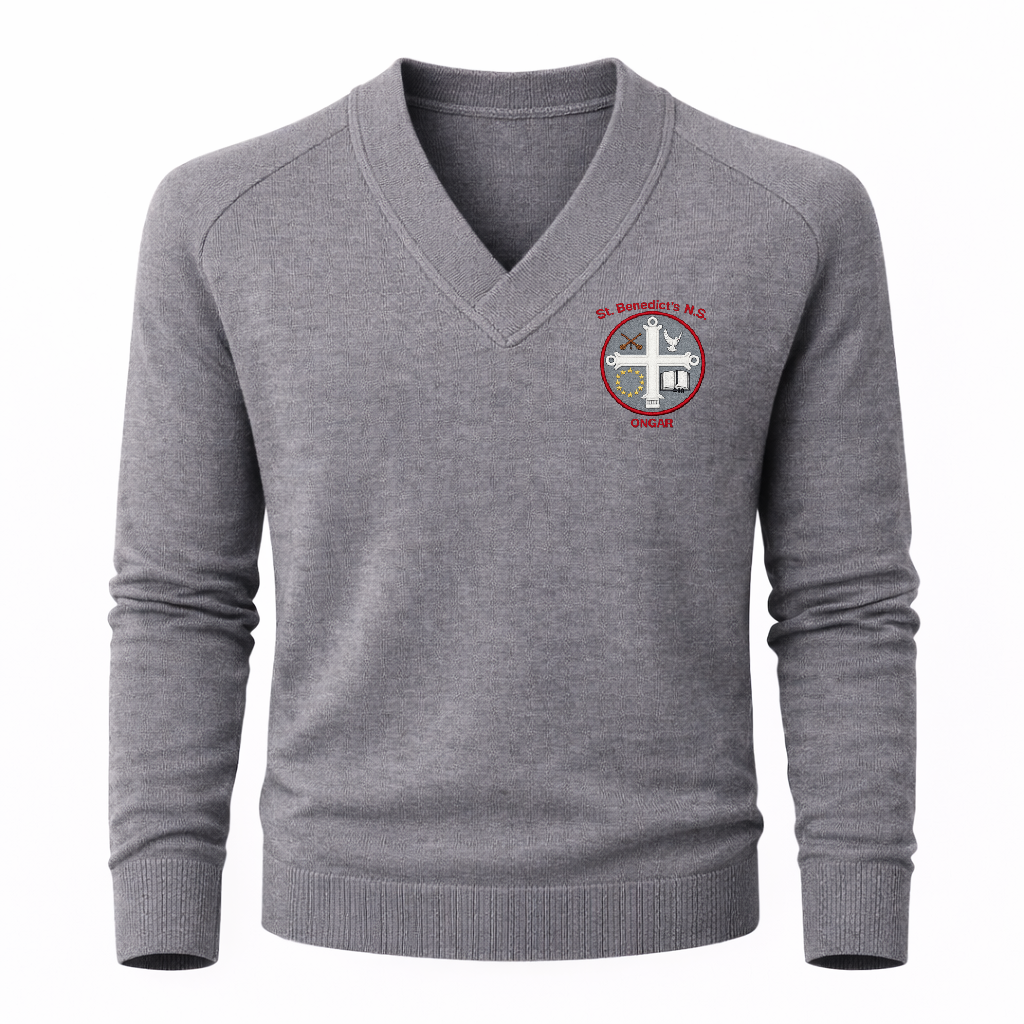 Gray sweater with a logo on the chest against a white background