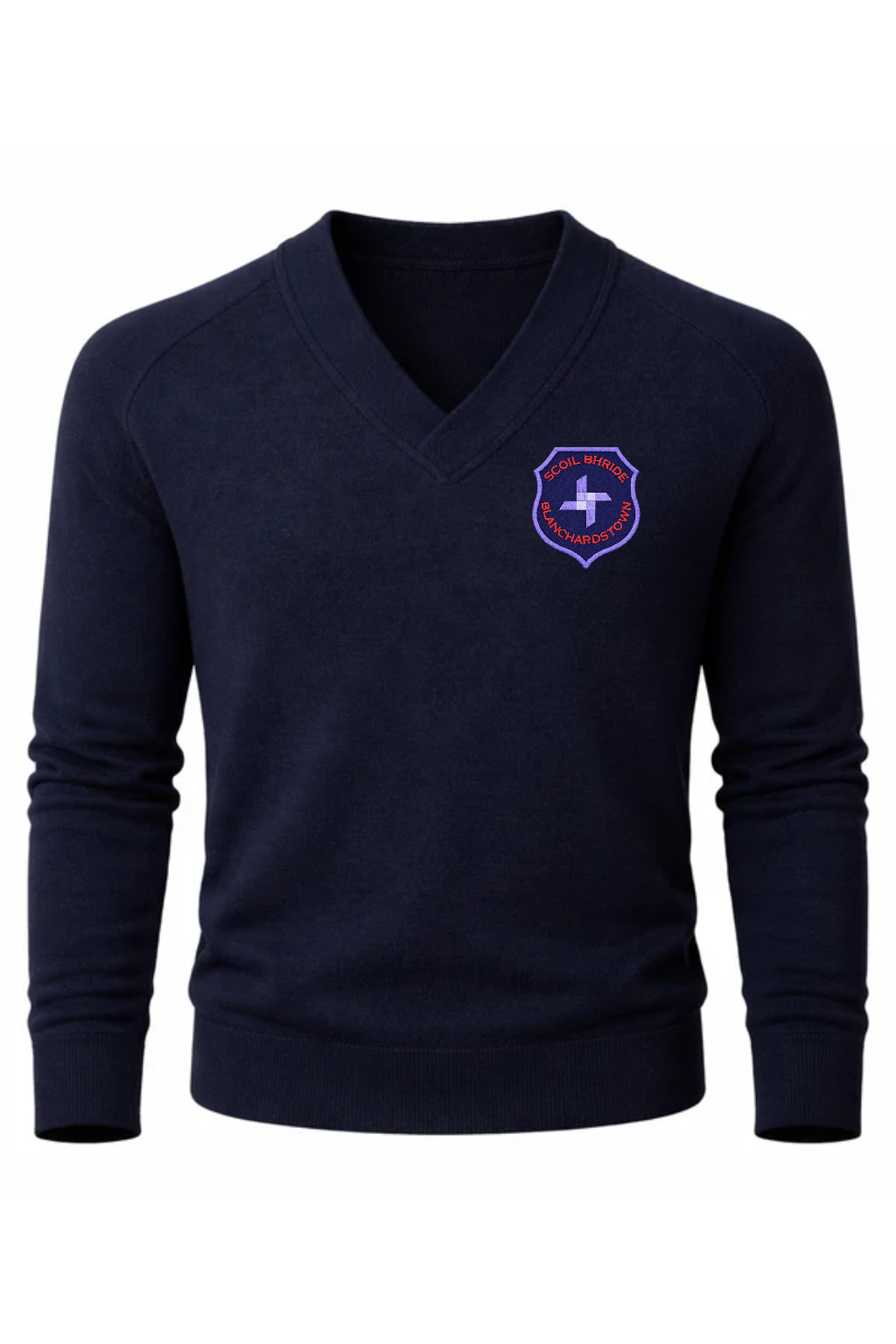 Navy blue sweater with a logo on a white background