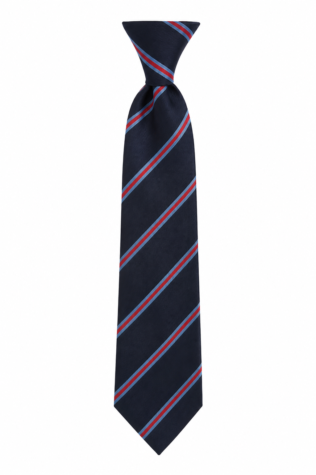 Navy tie with red and blue stripes on a white background