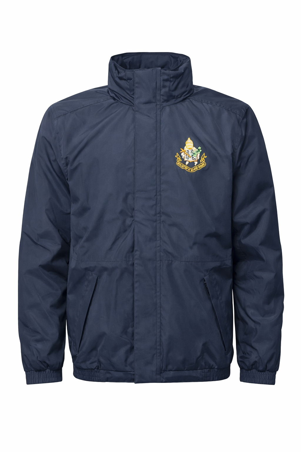 Navy blue jacket with a logo on a white background