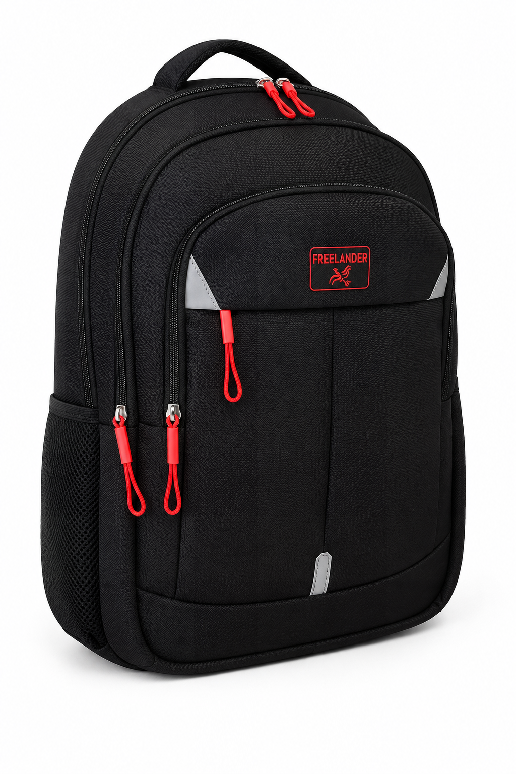 A black Freylander backpack with red zipper pulls and a red logo patch on the front pocket, shown on a white background.