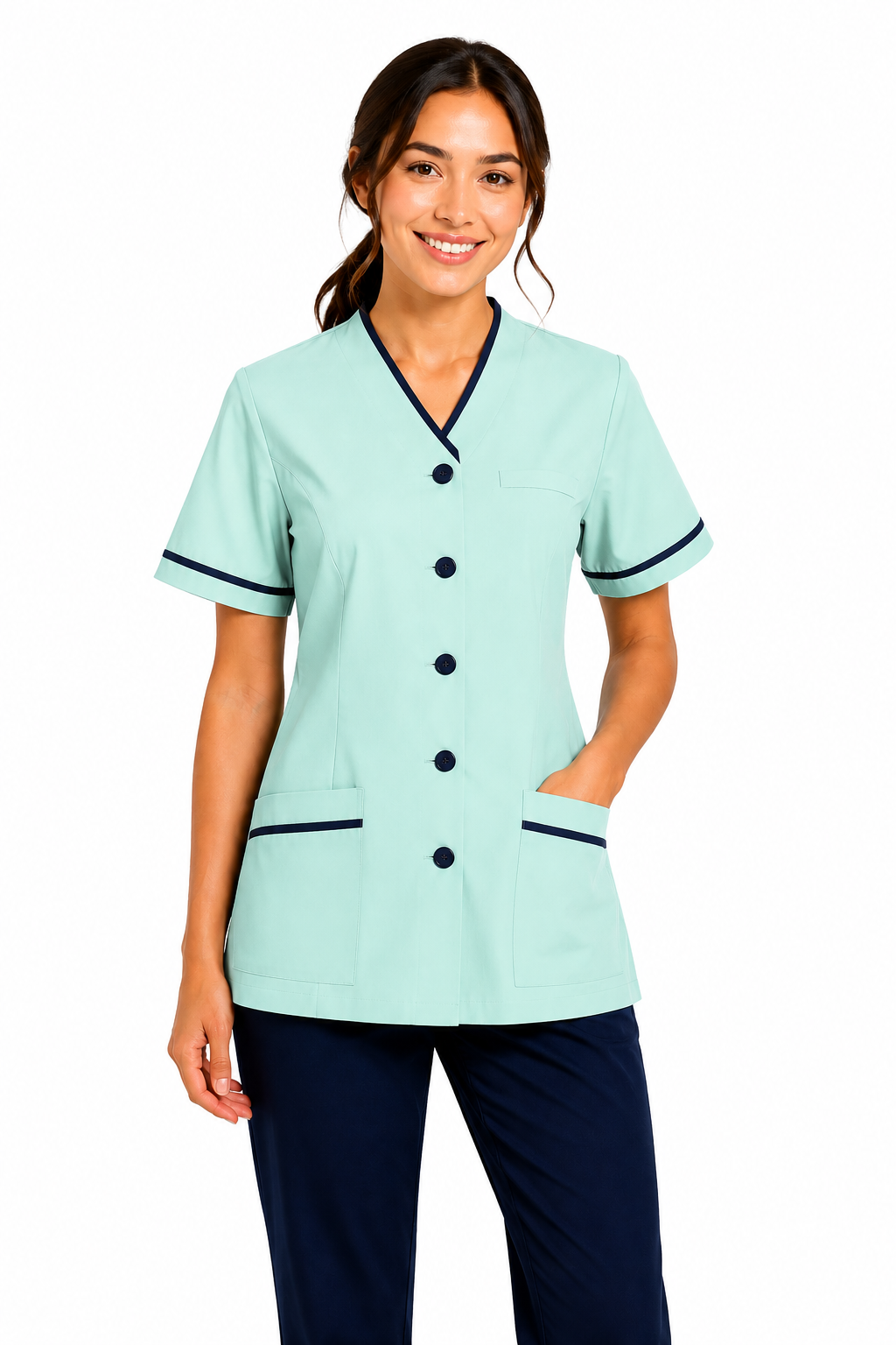 Woman wearing a light blue scrub top with black trim on a white background