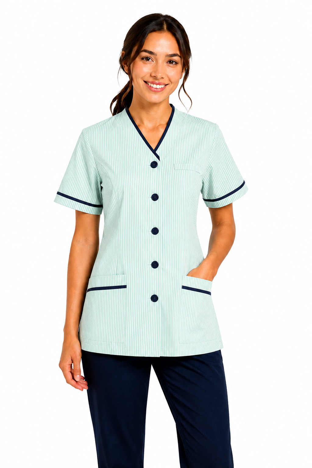 Woman wearing a light blue scrub top with black trim on a white background