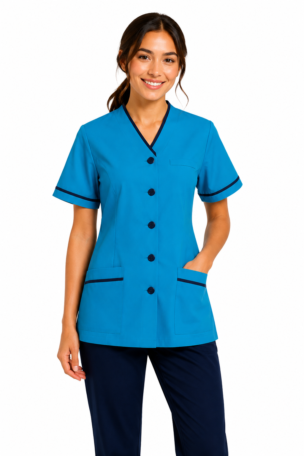 Woman wearing a blue scrub top with black trim on a white background