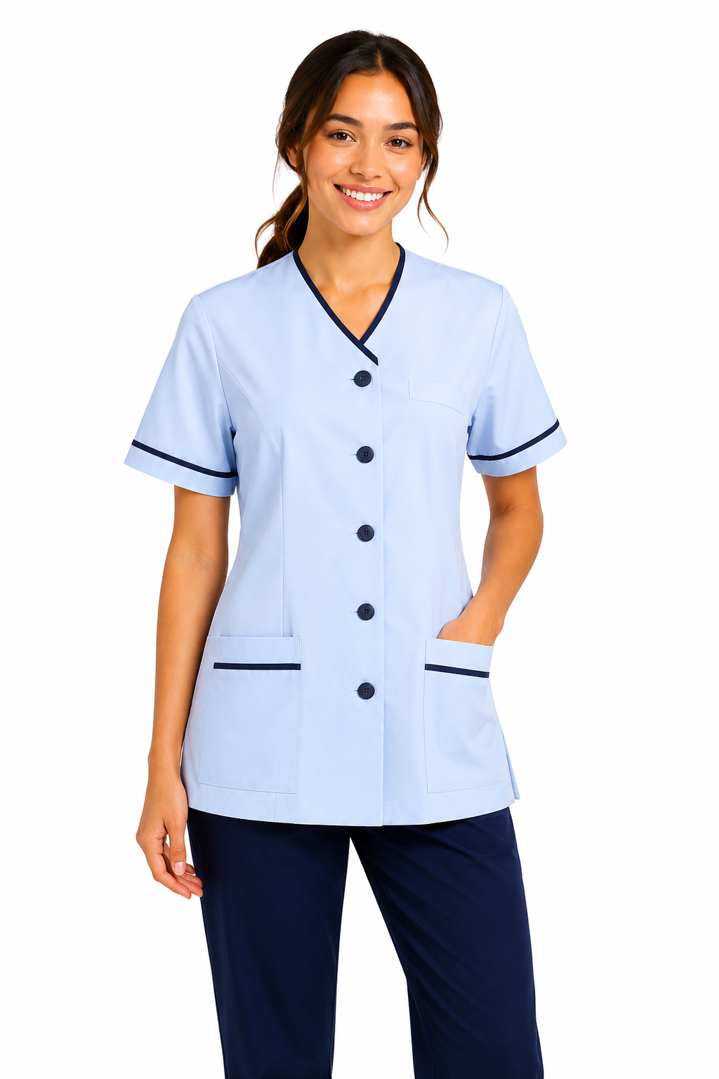 Woman wearing a light blue scrub top with black trim on a white background