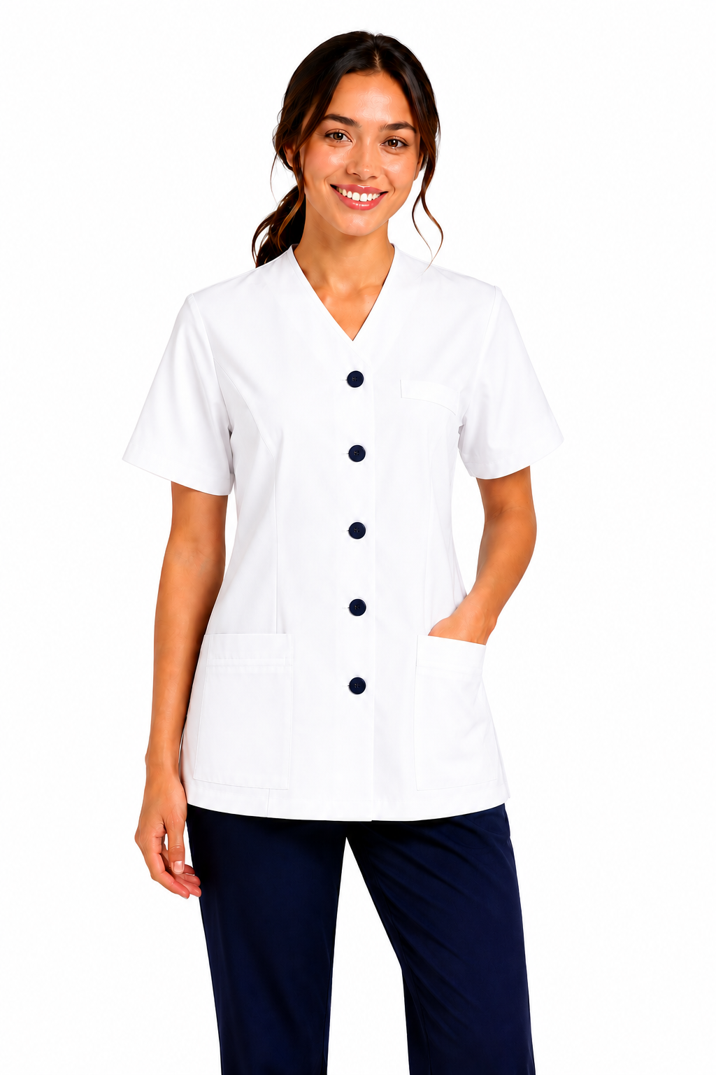 Woman wearing a white uniform with black buttons on a white background