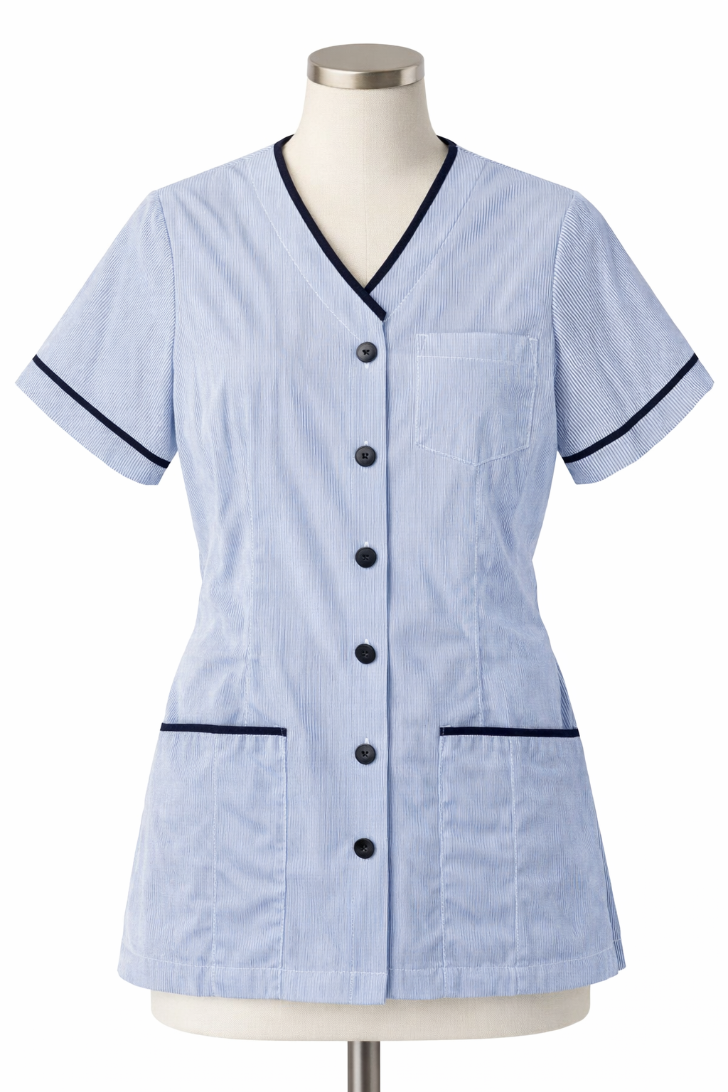 Light blue uniform with black trim on a mannequin against a white background