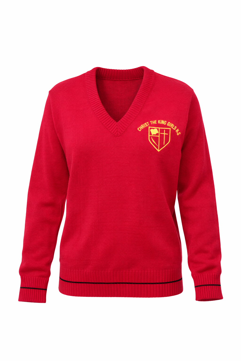 Red sweater with a logo on a white background