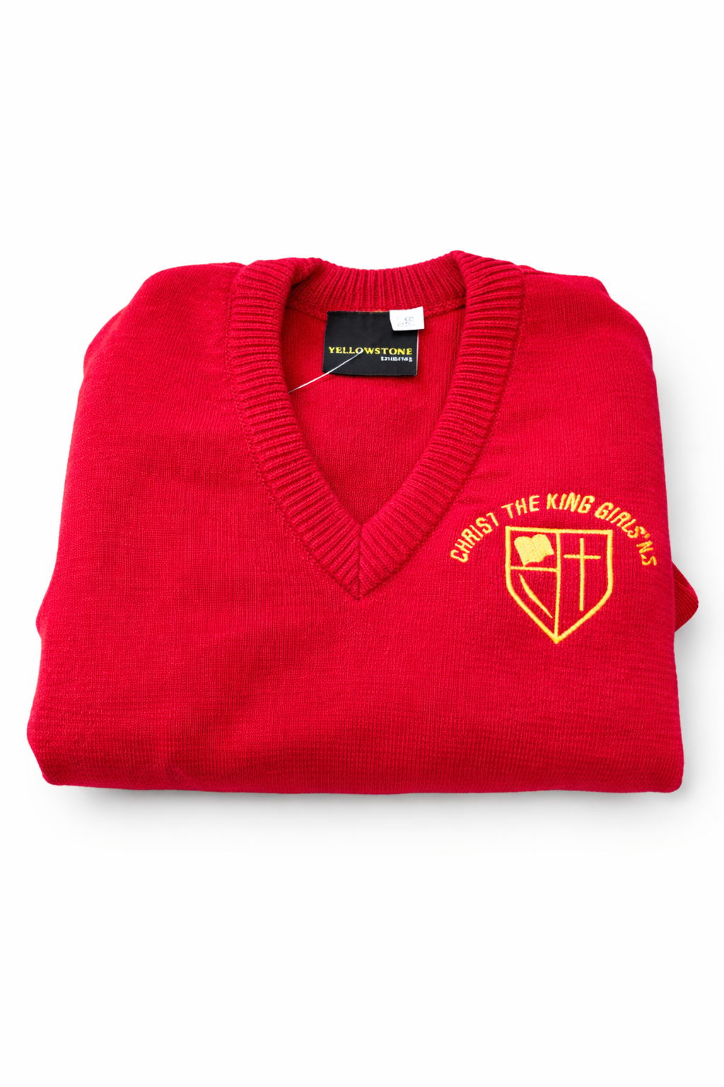 Folded red sweater with a logo and text on a white background