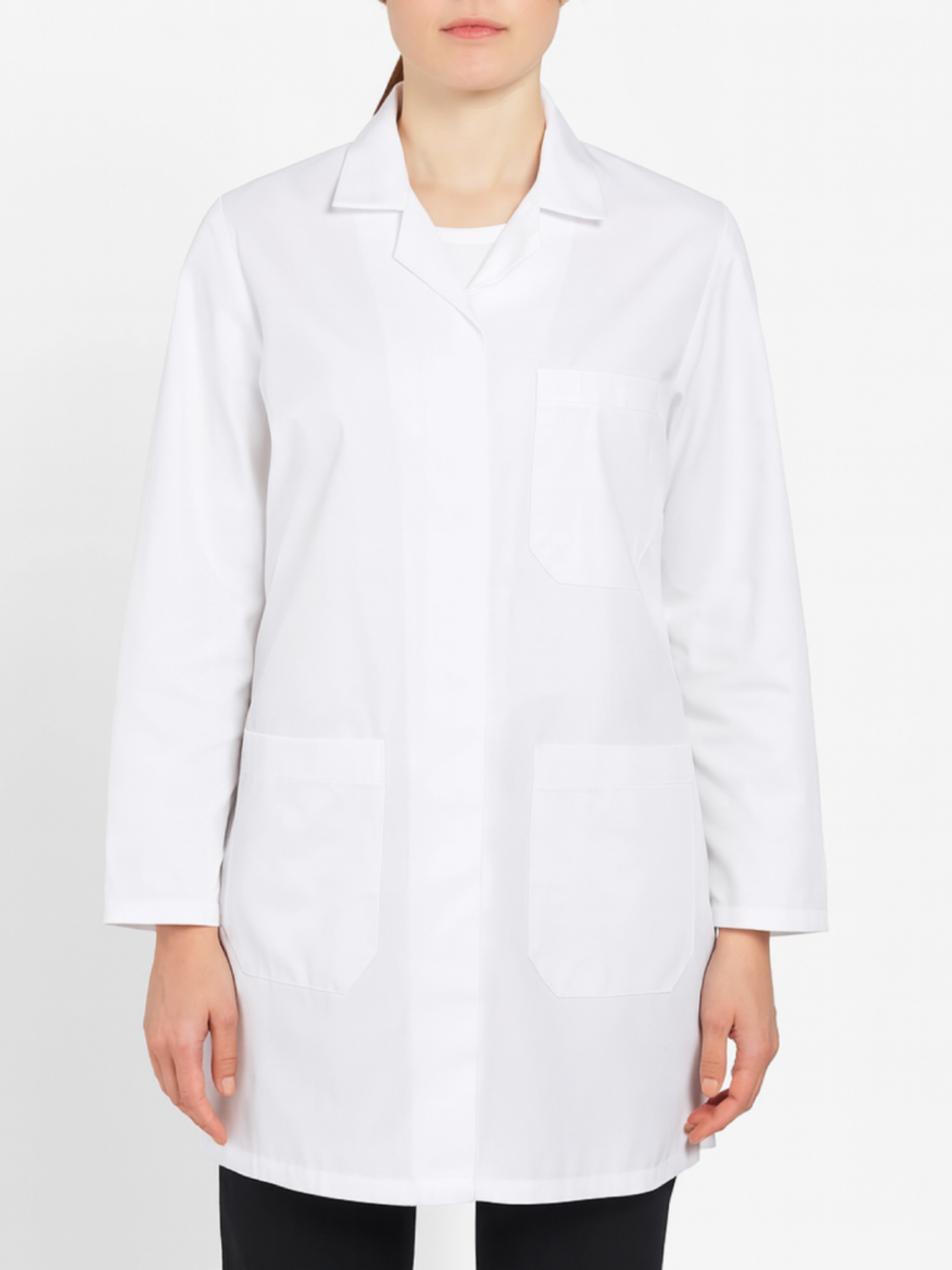 Person wearing a white lab coat on a plain background