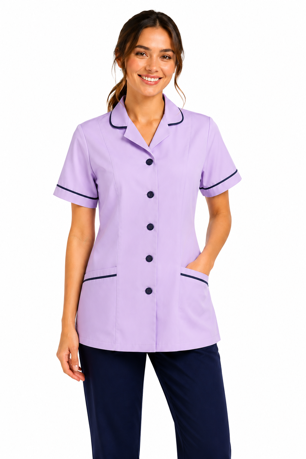 Woman wearing a purple uniform with black trim on a white background