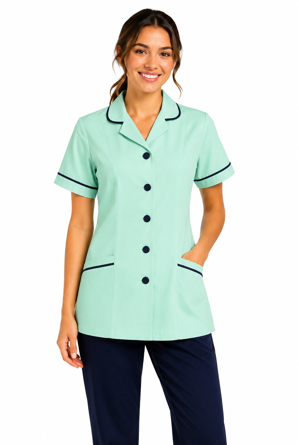 Woman wearing a light green uniform with black trim on a white background