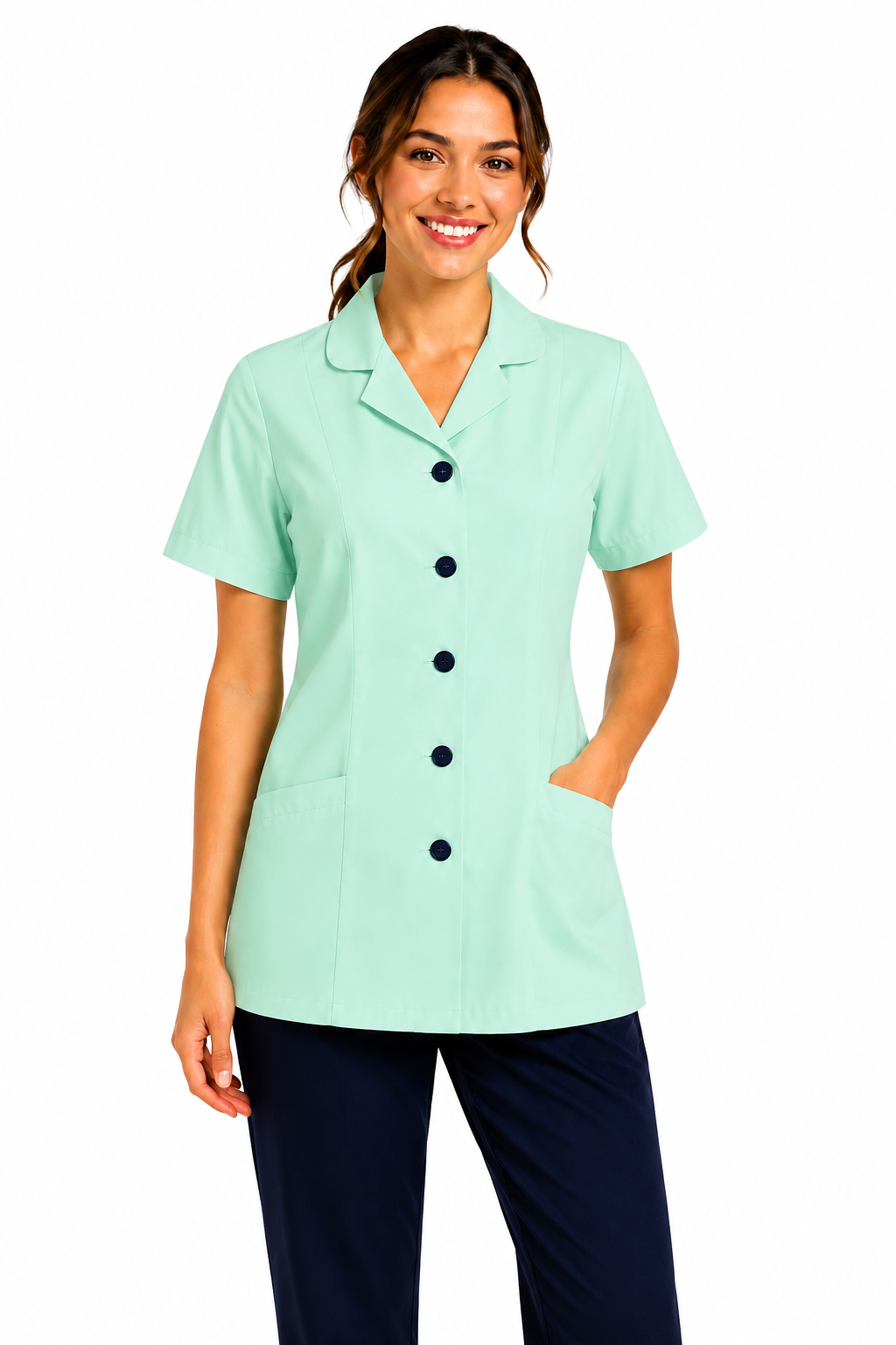 Woman wearing a light green uniform with black buttons on a white background
