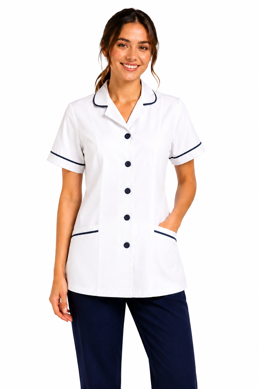 Woman wearing a white uniform with black trim on a white background