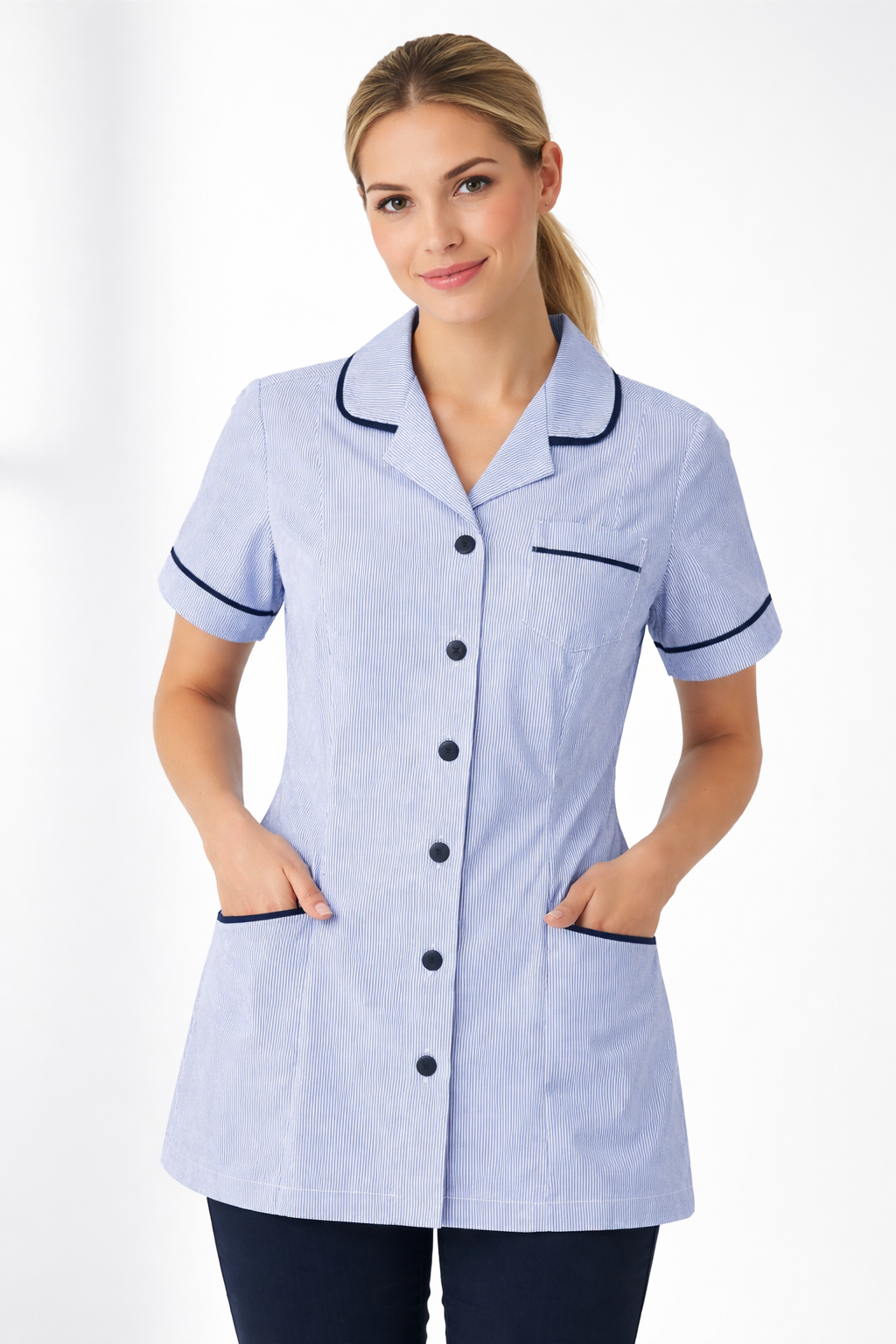 Woman wearing a light blue uniform with black trim on a white background