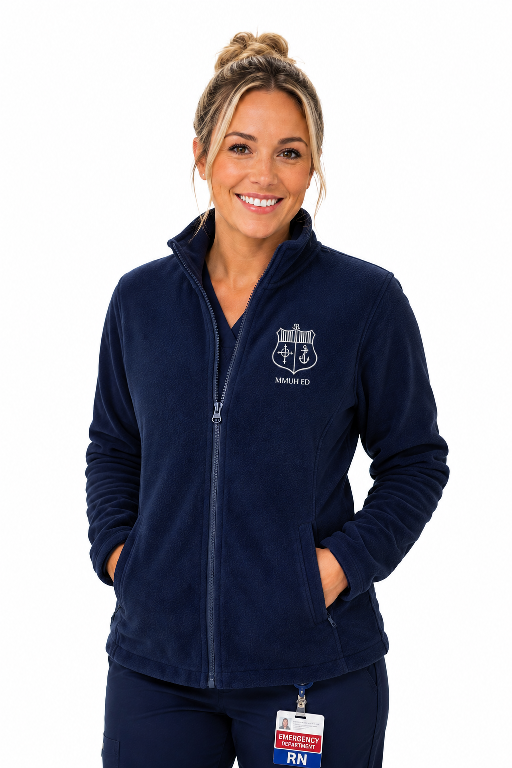 Woman wearing a navy fleece jacket with a logo on a white background