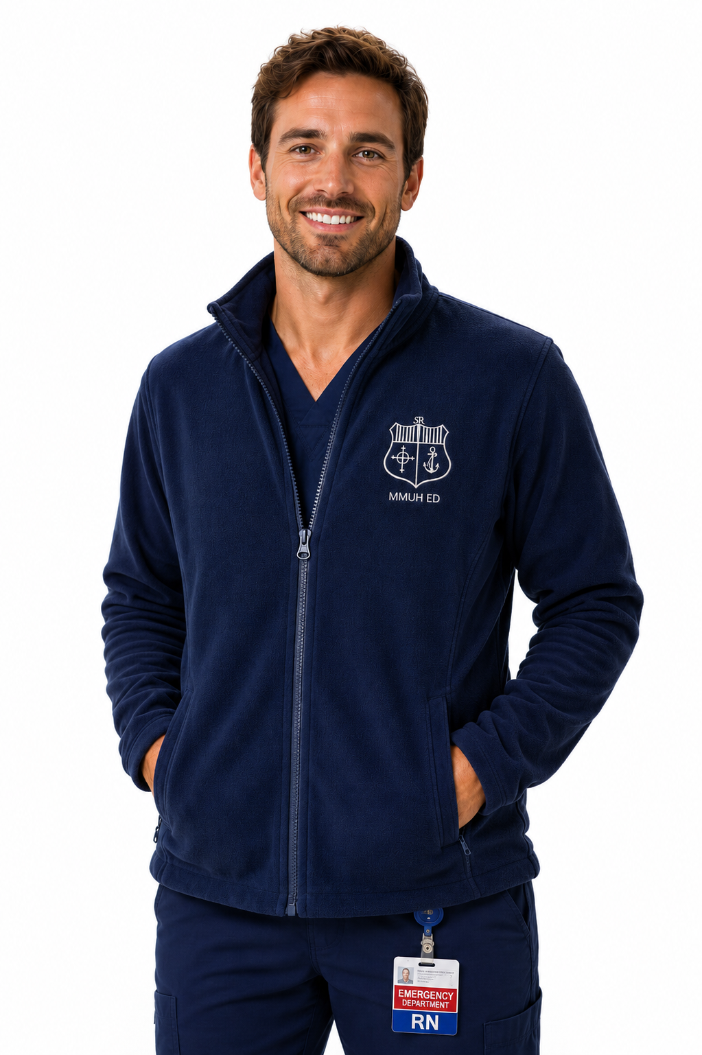 Man wearing a navy fleece jacket with a logo on a white background
