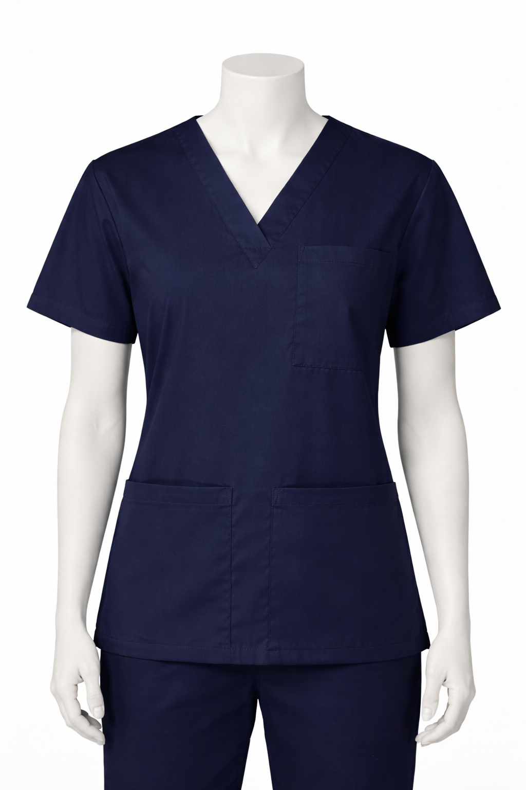 Navy blue scrub top on a mannequin against a white background