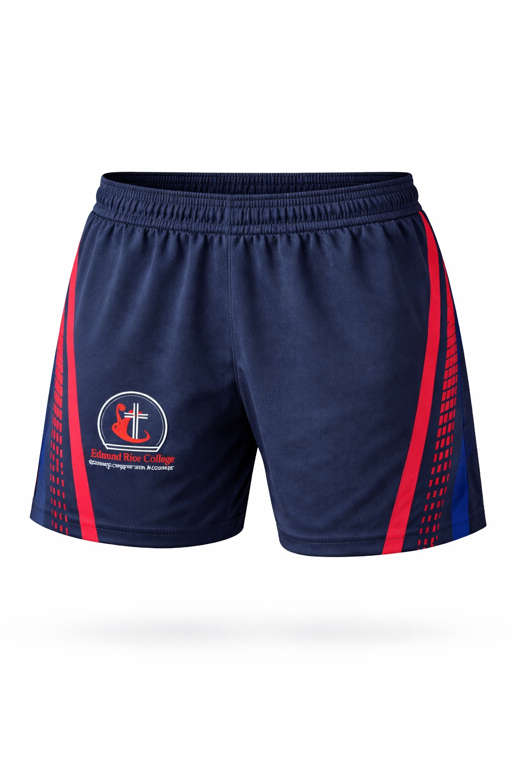 Navy shorts with red accents featuring a logo on a white background