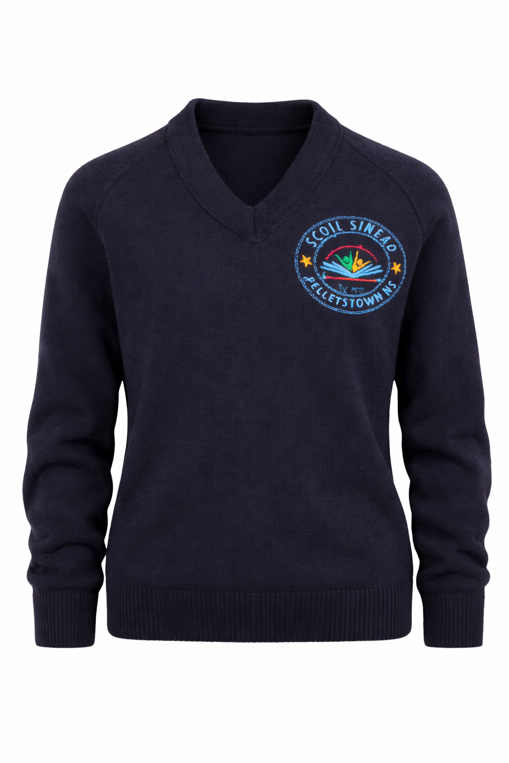 Navy blue sweater with a logo on a white background