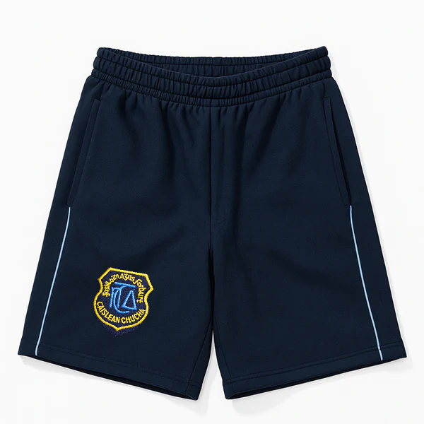 Navy shorts with a yellow and blue emblem on a white background