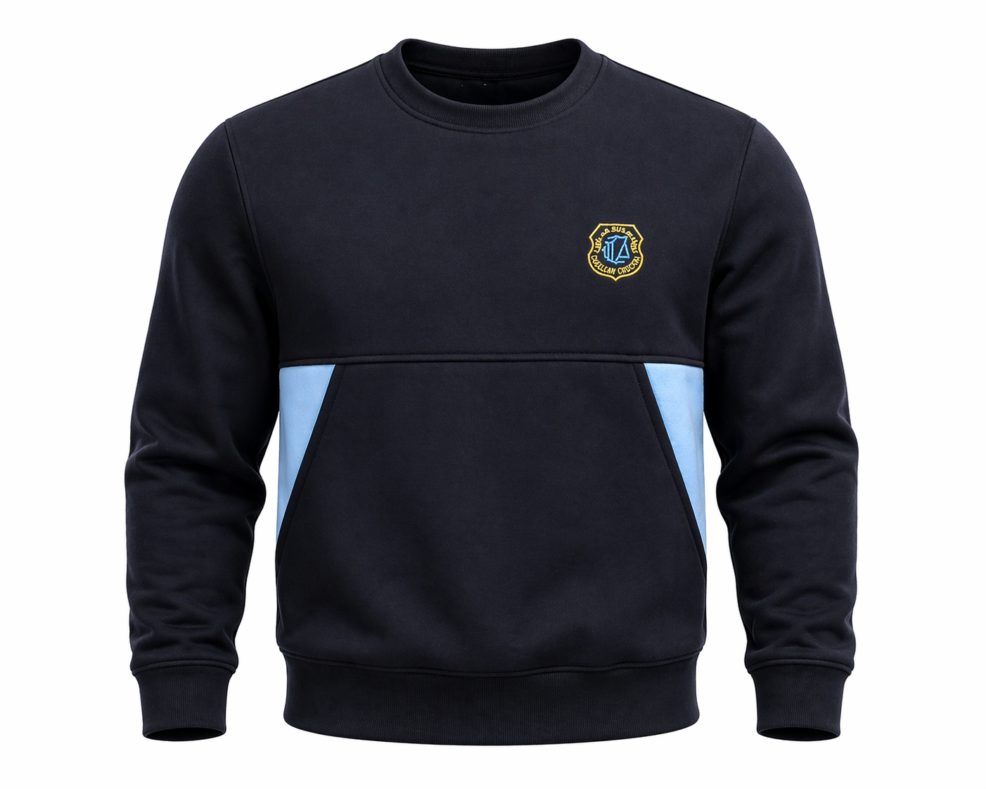 Black sweatshirt with a logo on a white background