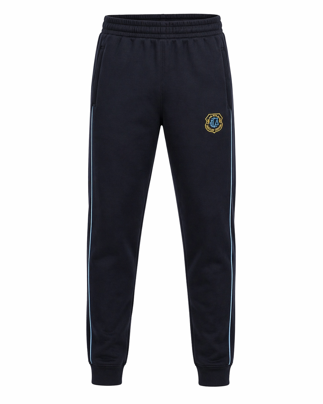 Black tracksuit pants with a logo on a white background