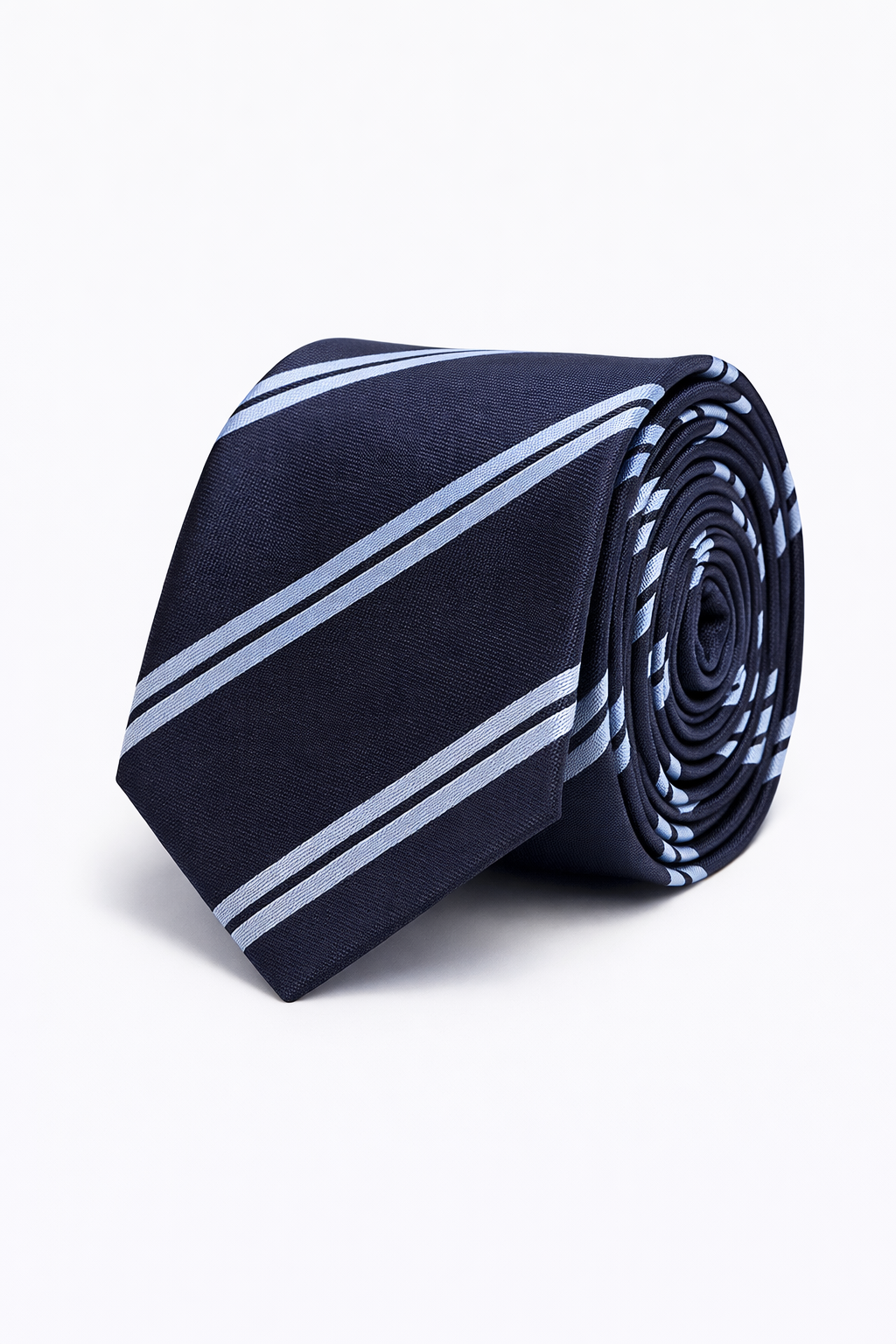 Navy blue tie with white stripes on a white background