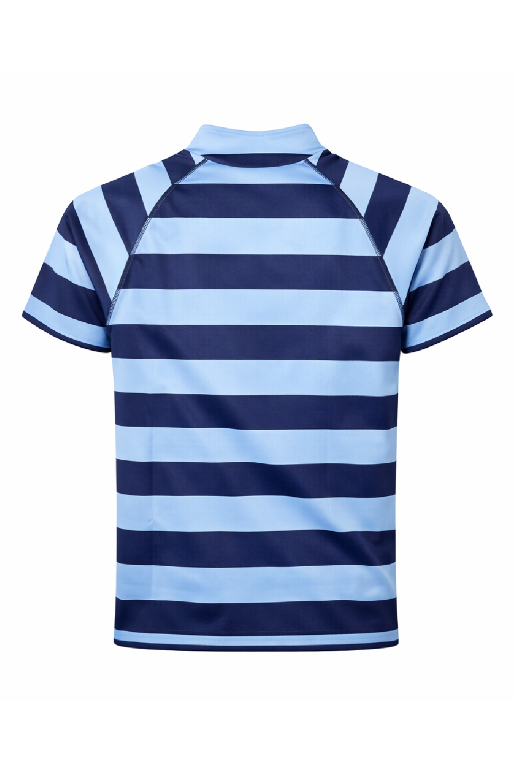 Navy and light blue striped polo shirt on a white background