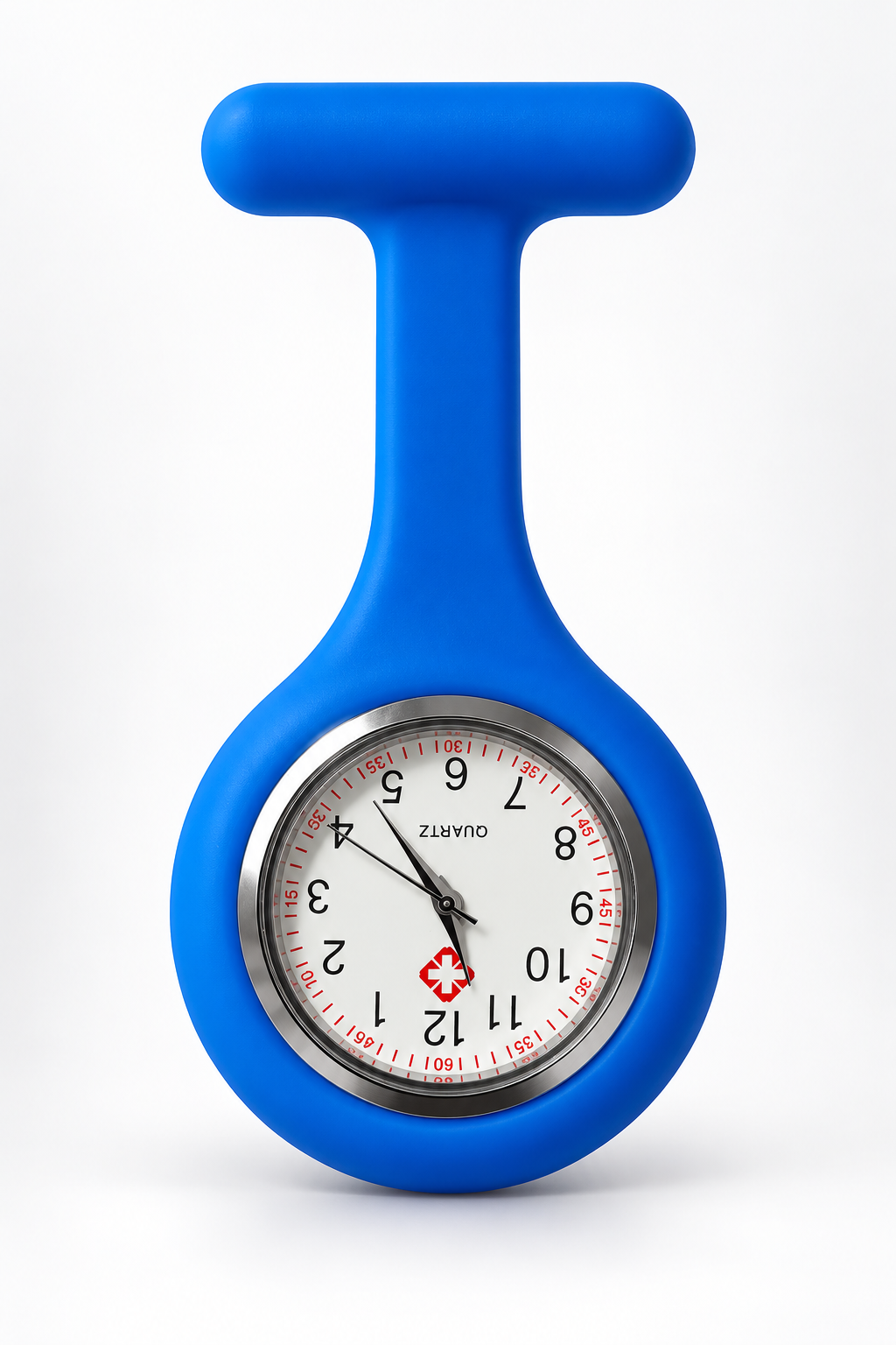 A blue silicone fob watch with a built-in clock face, shown on a clean white background. The watch has a white dial with black numbers and hands, a silver bezel, and a small red medical cross at the bottom.