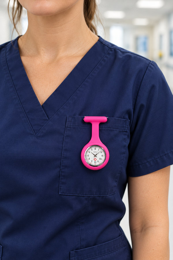 A close-up of a person wearing navy blue medical scrubs with a bright pink nurse badge clock clipped to the chest pocket.