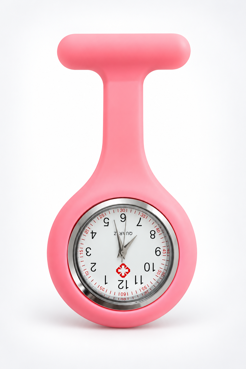 A pink silicone nurse call bell with an integrated analog clock face, shown on a clean white background.