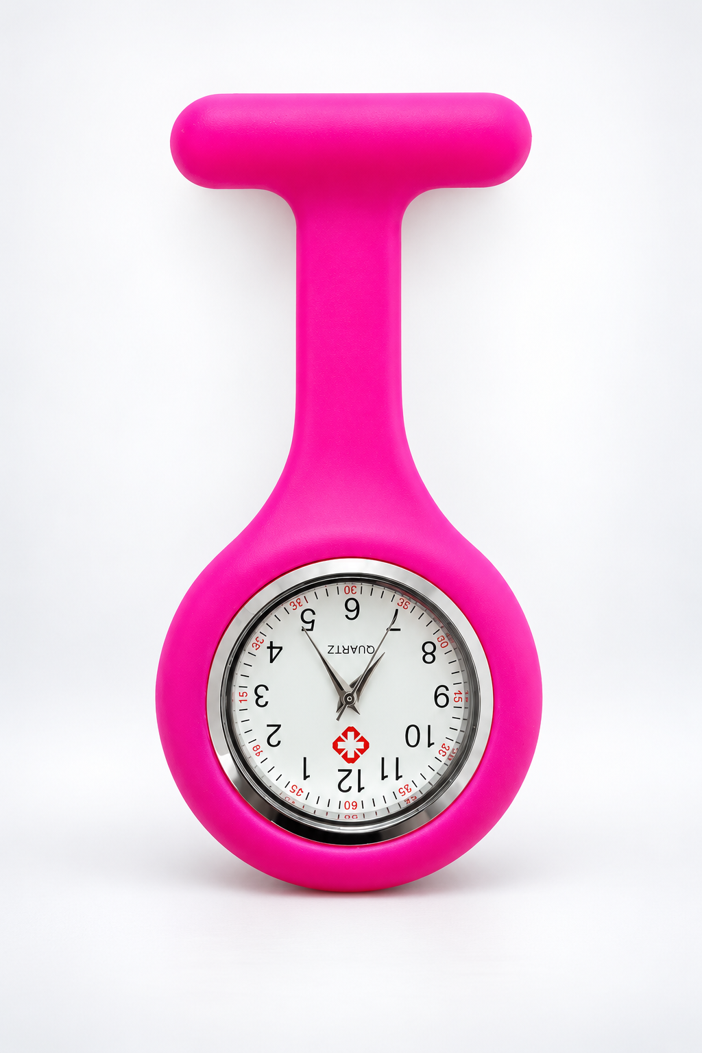 A bright pink silicone nurse call bell with an integrated analog clock on a white background.